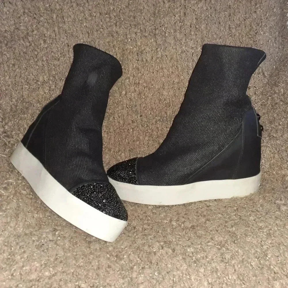 ALEXANDER SMITH-Glitter Toe Sock Booties-Black Leather-Sz 39-8.5-Excellent